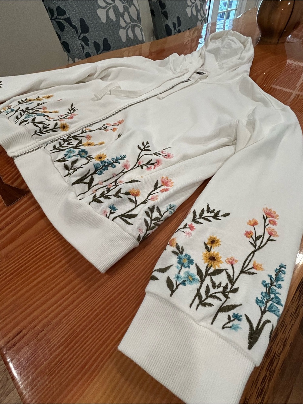 Driftwood White Zip Up Hoodie with Floral Embroidery - Sunny Garden - Picture 2 of 13